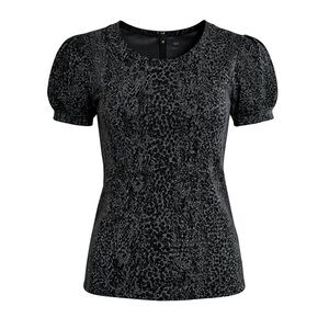 Diane Von Furstenburg Gray Leopard Print Shimmer Short Sleeve Blouse Size Small